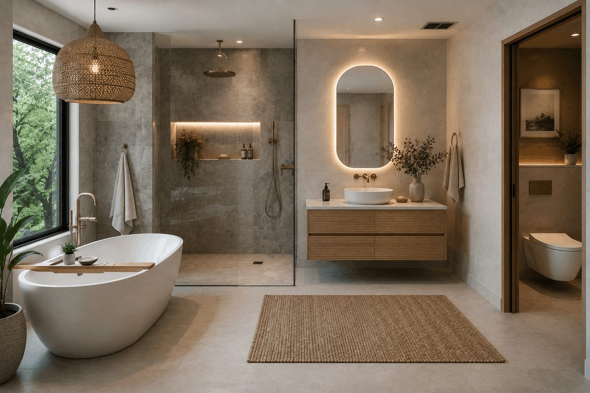 Contemporary bathroom with curbless walk-in shower, stone tile, floating wood vanity, vessel sink and separate toilet room