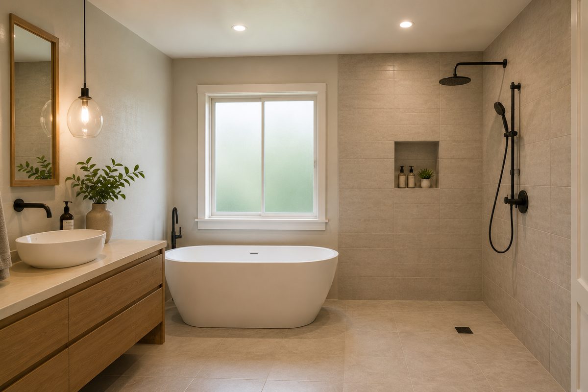 Farmhouse bathroom remodel with wood plank ceiling, dark vanity, marble countertop, glass shower and white clawfoot soaking tub Farmhouse bathroom remodel with wood plank ceiling, dark vanity, marble countertop, glass shower and white clawfoot soaking tub