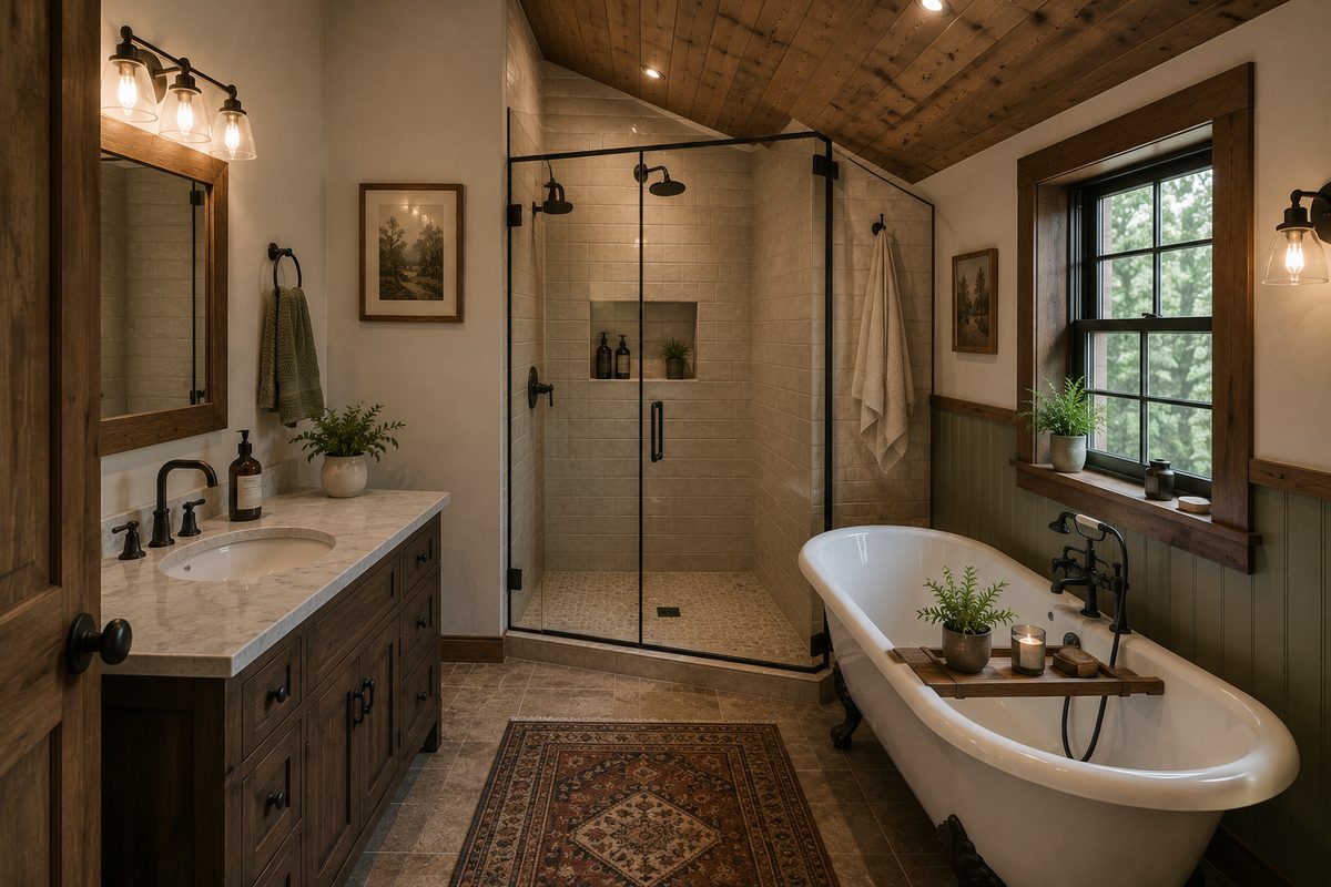 Industrial bathroom remodel with exposed brick wall, concrete floating vanity, black-framed glass walk-in shower and black toilet