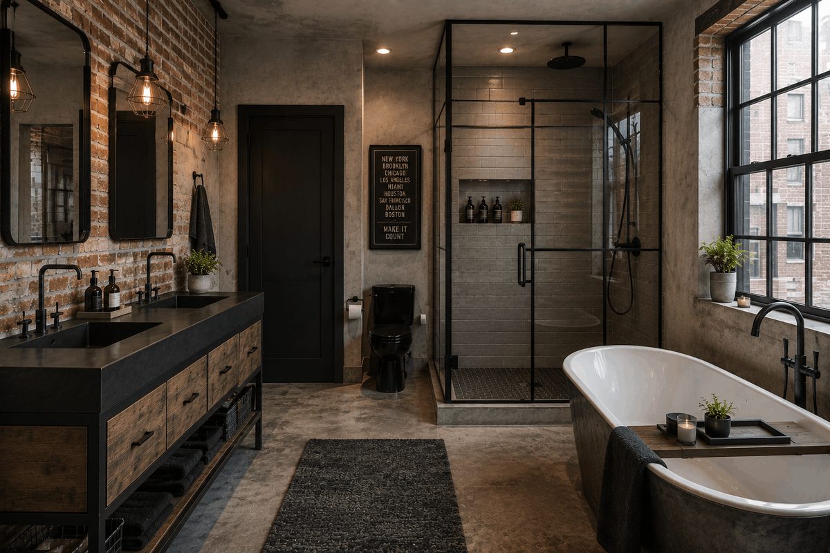 Industrial-style bathroom remodel with exposed brick wall, double black vanity, glass shower enclosure and freestanding soaking tub