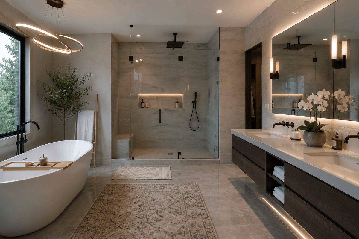 Luxury bathroom remodel with large marble-look walk-in shower, freestanding tub, double vanity and backlit mirrors Luxury bathroom remodel with large marble-look walk-in shower, freestanding tub, double vanity and backlit mirrors