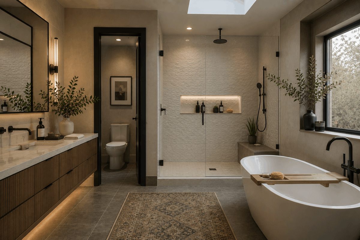 Luxury master bathroom remodel with skylight, textured tile walk-in shower, freestanding tub and separate water closet