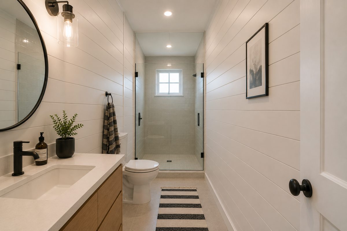 Modern farmhouse bathroom remodel with green vertical tile walk-in shower, oak vanity, black fixtures and hexagon floor tile Modern farmhouse bathroom remodel with green vertical tile walk-in shower, oak vanity, black fixtures and hexagon floor tile