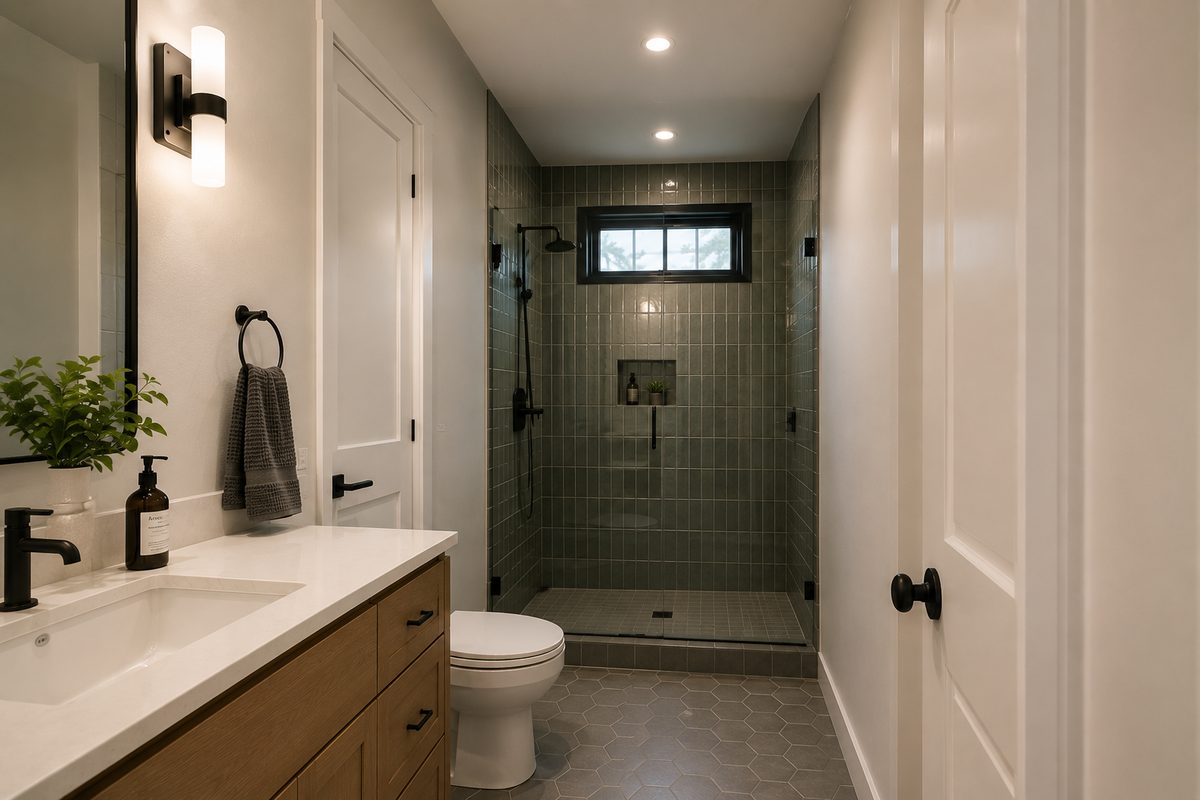 Modern spa bathroom remodel with white oak vanity, vessel sink, freestanding soaking tub and beige tile walk-in shower with black fixtures