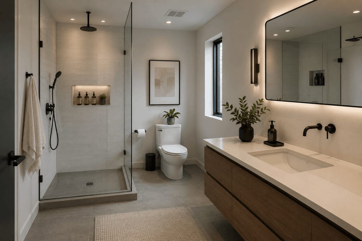 Modern bathroom remodel with frameless glass walk-in shower, black rainfall showerhead, floating wood vanity and quartz countertop Modern bathroom remodel with frameless glass walk-in shower, black rainfall showerhead, floating wood vanity and quartz countertop