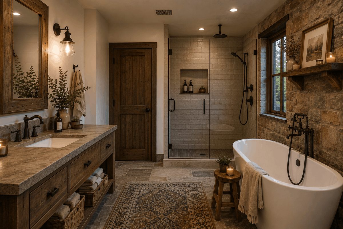 Rustic bathroom renovation with natural stone wall, wood vanity, tiled walk-in shower and white freestanding bathtub