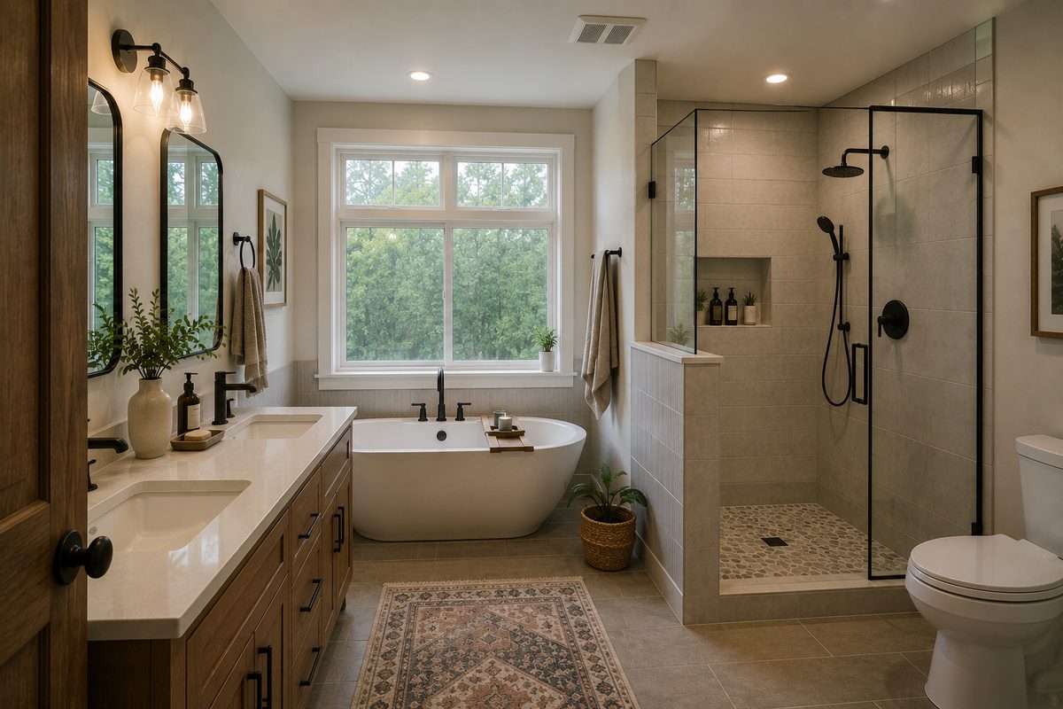 Small bathroom remodel with green tile walk-in shower, oak vanity, black fixtures and hexagon floor tile