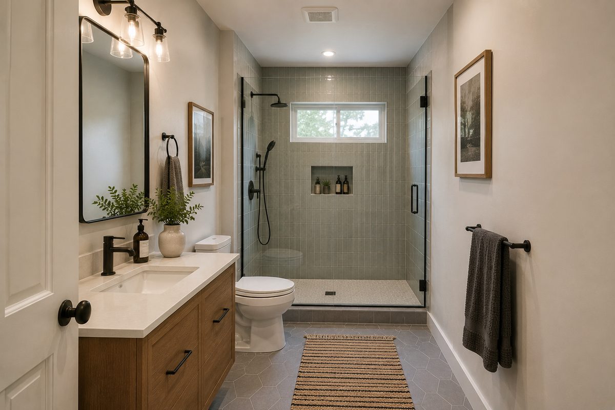 Transitional master bathroom remodel with freestanding tub, double oak vanity, glass corner shower and tile flooring Transitional master bathroom remodel with freestanding tub, double oak vanity, glass corner shower and tile flooring