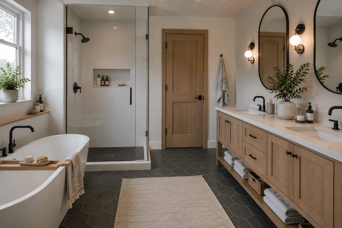 Bright bathroom remodel with white oak double vanity, hexagon floor tile, freestanding tub and walk-in glass shower Bright bathroom remodel with white oak double vanity, hexagon floor tile, freestanding tub and walk-in glass shower