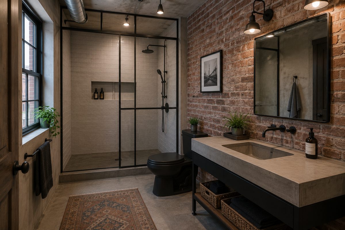 Bright shiplap bathroom remodel with frameless glass walk-in shower, white oak vanity, black fixtures and quartz countertop